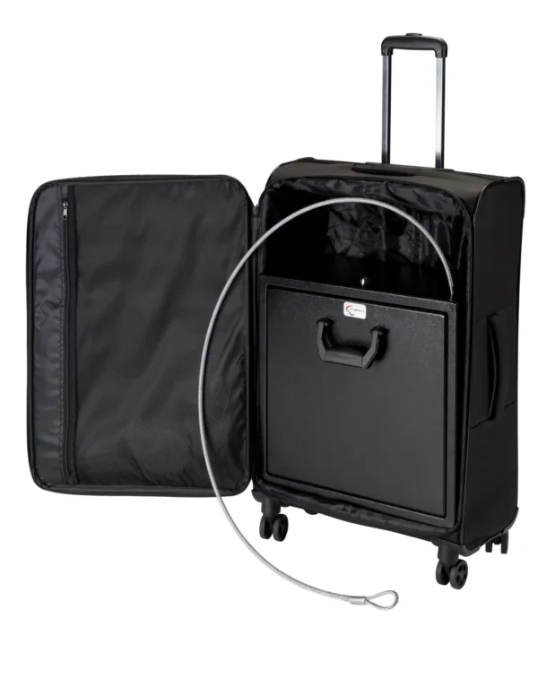 Open suitcase revealing Caseva portable vehicle safe - covert with security tether visible
