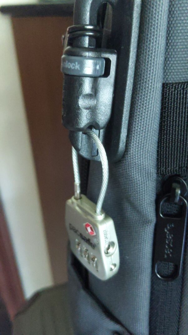Prosafe 800 TSA Combination Cable Padlock securing a backpack zip