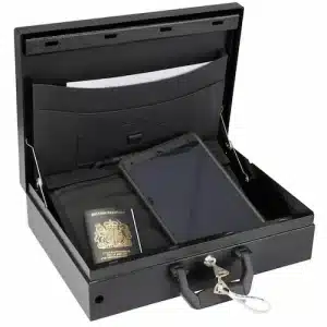 High security briefcase open with ipad, passport and faraday sleeve inside