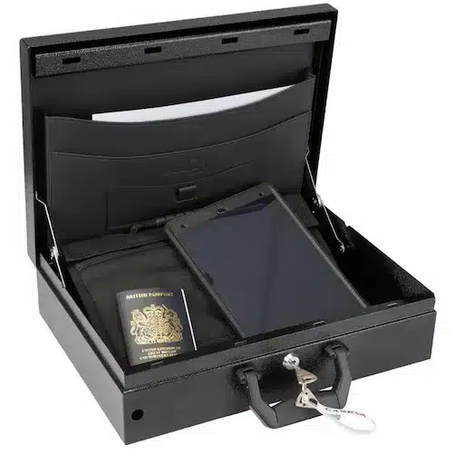 Highly secure case open with ipad, passport and faraday sleeve inside