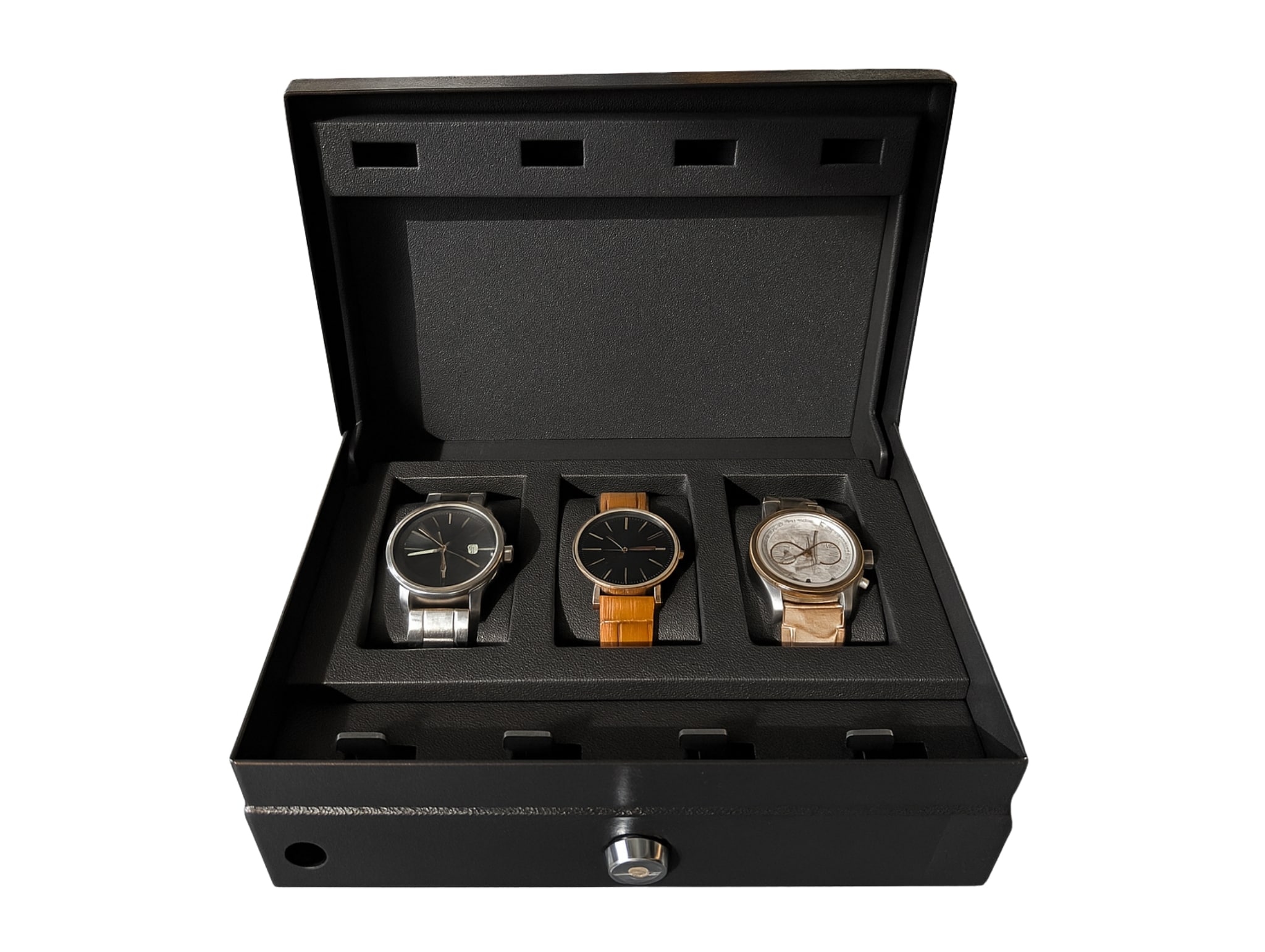 secure watch storage case - open with three watches